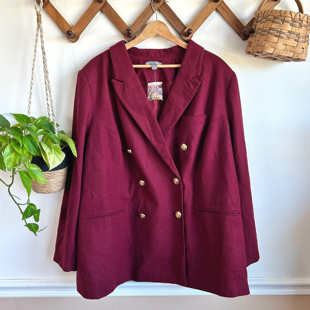 Jessica London Burgundy Wool Blend Double Breasted Blazer Gold Crest Buttons 24